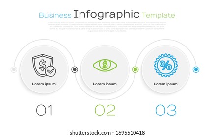 Establecer linea Escudo con dólar, Ojo con dólar y Porcentaje de descuento. Plantilla de infografía empresarial. Vector