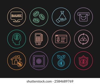 Set line Shield with dollar, Gold bars, Money in hand, POS terminal credit card, Business man planning mind, Bank building, Online banking and Coin money icon. Vector