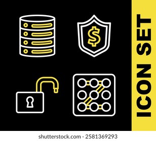 Set line Shield with dollar, Graphic password protection, Open padlock and Server, Data, Web Hosting icon. Vector