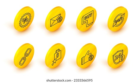 Set line Shield with dollar, Hand holding coin, Shoping bag, Chain link, Clock 24 hours, Buy button, Envelope and Discount percent tag icon. Vector