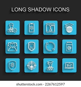 Set line Shield and dollar, Head hunting, Profile settings, Graduate with graduation cap, Graduation laptop, Dental protection, Coffee beans bag and Refresh icon. Vector