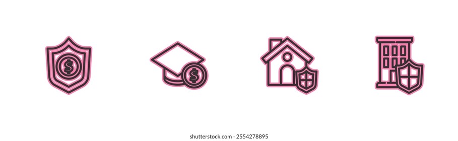 Set line Shield with dollar, House shield, Graduation cap and coin and  icon. Vector