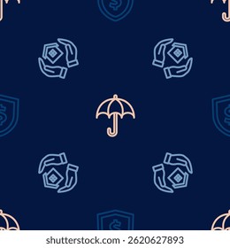Definir linha Shield com dólar, Casa na mão e guarda-chuva em padrão sem costura. Vetor