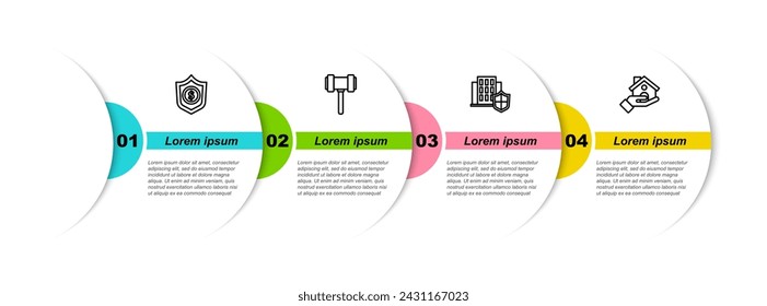 Set line Shield with dollar, Judge gavel, House shield and insurance. Business infographic template. Vector