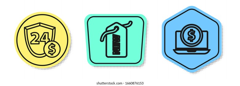 Set line Shield with dollar, Price tag with New and Laptop with dollar. Colored shapes. Vector