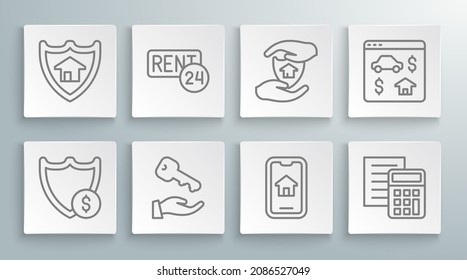 Setzen Sie die Linie Schild mit Dollar, Miete, Hausschlüssel, Online-Immobilien, Rechner, Schild und Symbol. Vektorgrafik