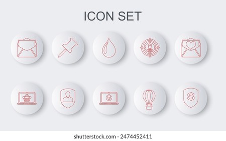 Set line Shield and dollar, Shopping basket on laptop, Water drop, Hot air balloon, Mail e-mail, Push, User protection and Laptop with icon. Vector