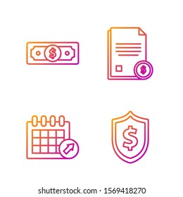 Set line Shield with dollar symbol, Calendar, Stacks paper money cash and Finance document. Gradient color icons. Vector