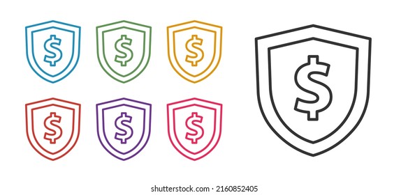 Set line Shield with dollar symbol icon isolated on white background. Security shield protection. Money security concept. Set icons colorful. Vector
