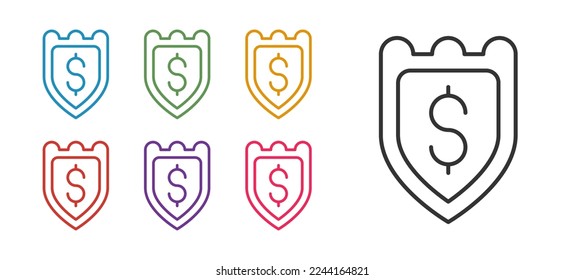 Set line Shield with dollar symbol icon isolated on white background. Security shield protection. Money security concept. Set icons colorful. Vector
