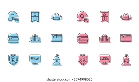 Set line Shield with dollar, USA Independence day, American football helmet, White House, flag, Burger and  icon. Vector