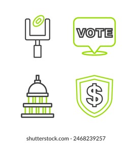 Set line Shield with dollar, White House, Vote and American football goal post icon. Vector