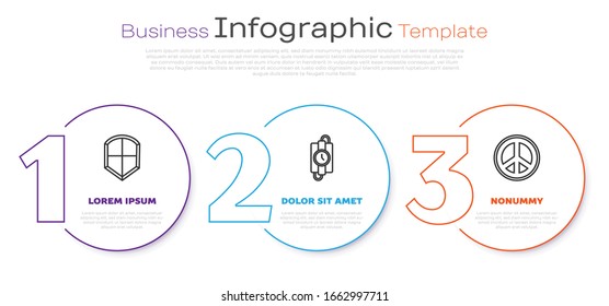 Set line Shield, dynamite stick and timer clock and Peace sign. Business infographic template. Vector