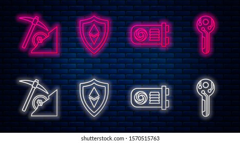 Set line Shield Ethereum ETH, Mining farm, Cryptocurrency cloud mining and Cryptocurrency key. Glowing neon icon on brick wall. Vector