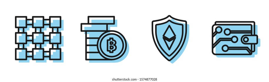 Set line Shield Ethereum ETH, Blockchain technology, Cryptocurrency coin Bitcoin and Cryptocurrency wallet icon. Vector