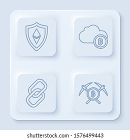 Set line Shield Ethereum ETH, Cryptocurrency cloud mining, Chain link and Crossed pickaxe. White square button. Vector