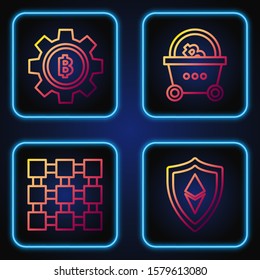 Set line Shield Ethereum ETH, Blockchain technology, Cryptocurrency coin Bitcoin and Shopping basket with bitcoin. Gradient color icons. Vector