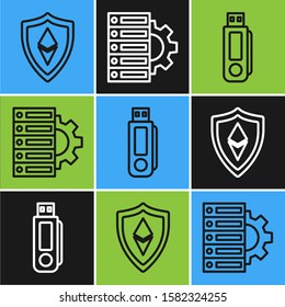Set line Shield Ethereum ETH, USB flash drive and Server and gear icon. Vector