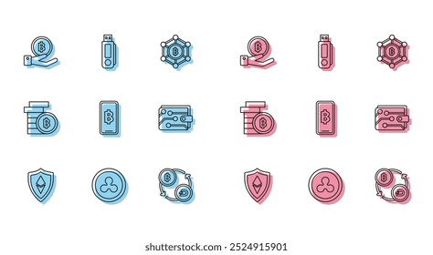 Set line Shield Ethereum ETH, Cryptocurrency coin Ripple XRP, Hand holding Bitcoin, exchange, Phone mobile cryptocurrency, wallet,  and USB flash drive icon. Vector