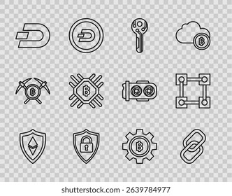 Set line Shield Ethereum ETH, Chain link, Cryptocurrency key, security with lock, coin Dash, CPU mining farm, Bitcoin and Blockchain technology icon. Vector