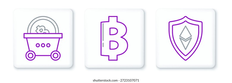 Set line Shield Ethereum ETH, Shopping basket with bitcoin and Cryptocurrency Bitcoin icon. Vector