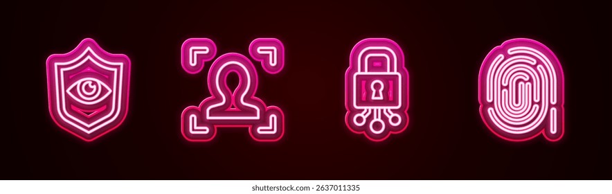 Set line Shield and eye, Face recognition, Cyber security and Fingerprint. Glowing neon icon. Vector