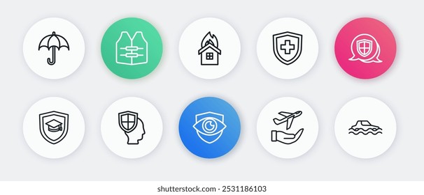 Set line Escudo y ojo, Gorra de graduación con escudo, Avión en mano, Seguro de vida, Casa en llamas, Coche de inundación e icono. Vector