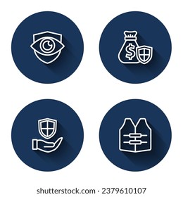 Set line Shield and eye, Money bag with shield, in hand and Life jacket with long shadow. Blue circle button. Vector