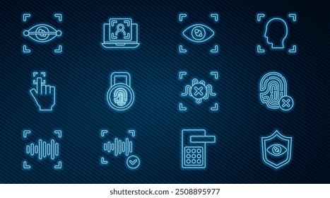 Ajuste a linha Shield eye scan, Rejection fingerprint, Eye, Fingerprint with lock, reconhecimento de voz e ícone de face do laptop. Vetor