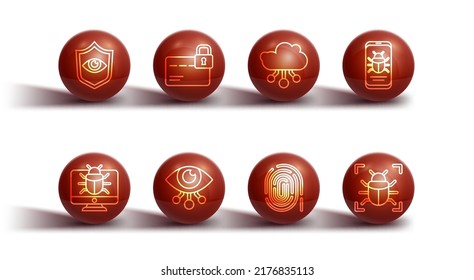 Set line Shield and eye, System bug on monitor, mobile, Fingerprint, Eye scan, Credit card with lock,  and Internet of things icon. Vector