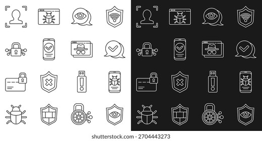 Establecer línea Escudo y ojo, Bug del sistema en el móvil, Marca de verificación en la burbuja de discurso, Escaneo ocular, Smartphone, Seguridad cibernética, Reconocimiento facial e icono de ventana de incógnito del navegador. Vector