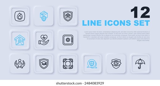 Set line Shield and eye, Umbrella, Life insurance in hand, House, Graduation cap with shield, Delivery security and Lifebuoy icon. Vector