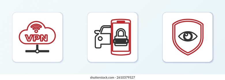 Set line Shield and eye, VPN Network cloud connection and Smart car security system icon. Vector