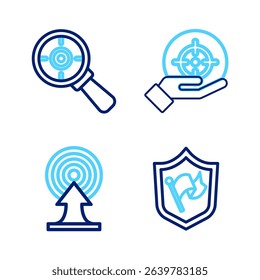 Set line Shield with flag, Target arrow,  and magnifying glass icon. Vector