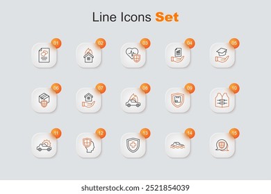 Set line Shield, Flood car, Life insurance with shield, Car, jacket, Delivery security and Burning icon. Vector