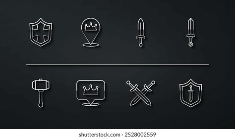 Set-Linie Schild, Hammer, Mittelalterliches Schwert, Mittelalterliches Kreuz, Lage Königskrone, Schild mit und Symbol. Vektorgrafik