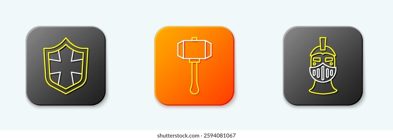 Set line Shield, Hammer and Medieval iron helmet icon. Vector