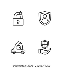 Set line Shield in hand, Burning car, Broken or cracked lock and Life insurance with shield icon. Vector