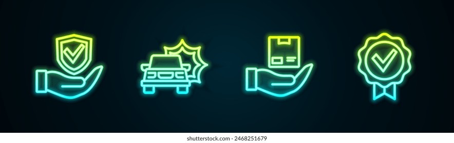 Fije la línea Escudo en la mano, accidente de coche, seguro de entrega y marca de verificación Aprobado. Icono de neón brillante. Vector