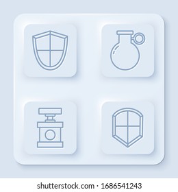 Set line Shield, Hand grenade, Handle detonator for dynamite and Shield. White square button. Vector