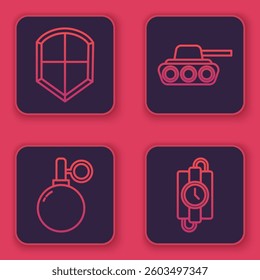 Set line Shield, Hand grenade, Military tank and dynamite stick and timer clock. Blue square button. Vector