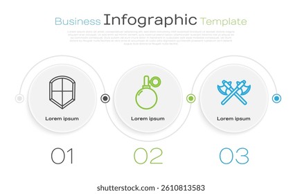 Set line Shield, Hand grenade and Crossed medieval axes. Business infographic template. Vector