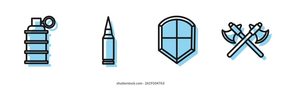Set line Shield, Hand grenade, Bullet and Crossed medieval axes icon. Vector
