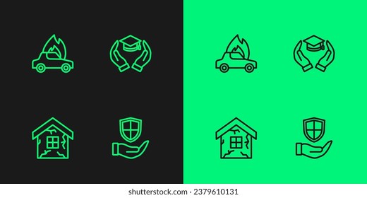 Set line Shield in hand, House, Burning car and Education grant icon. Vector