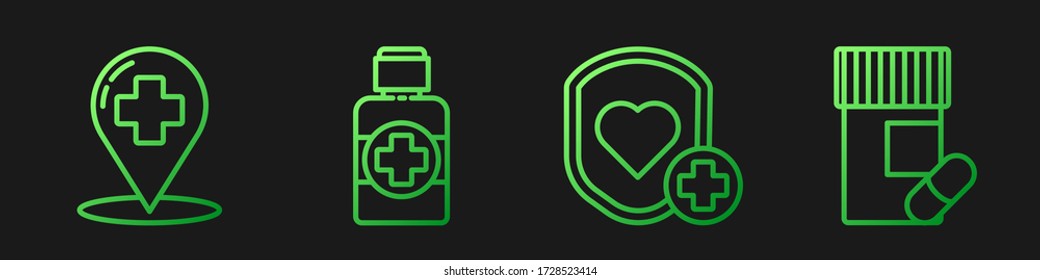 Fijar la línea Escudo y frecuencia cardíaca, Puntero de mapa con hospital cruzado, Frasco de jarabe de medicina y frasco de Medicina y pastillas. Iconos de color de degradado. Vector