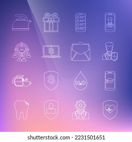 Set line Shield and heart rate, Graduation cap on mobile, User protection, Smartphone with contacts, Laptop dollar, Marketing target strategy, Kettle handle and Mail e-mail icon. Vector