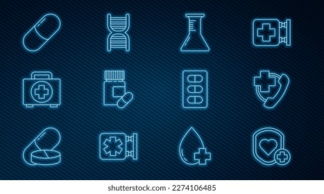 Ajuste la línea Escudo y frecuencia cardíaca, Llamada de emergencia al hospital, matraz del tubo de ensayo, píldoras para el frasco de Medicina, kit de primeros auxilios o tablet, paquete de blíster de Pills e icono del símbolo del ADN. Vector