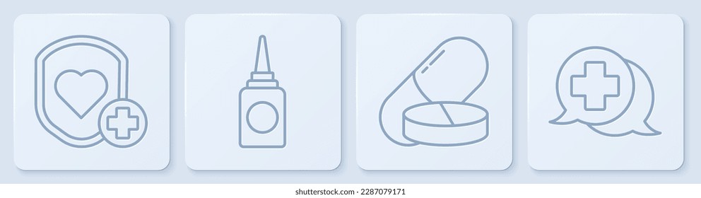 Set line Shield and heart rate, Medicine pill or tablet, Bottle nasal spray and Dialogue with the doctor. White square button. Vector