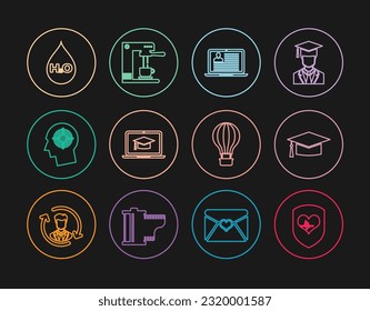 Set line Shield and heart rate, Graduation cap, Laptop with resume, laptop, Head hunting concept, Water drop H2O, Hot air balloon and Coffee machine cup icon. Vector