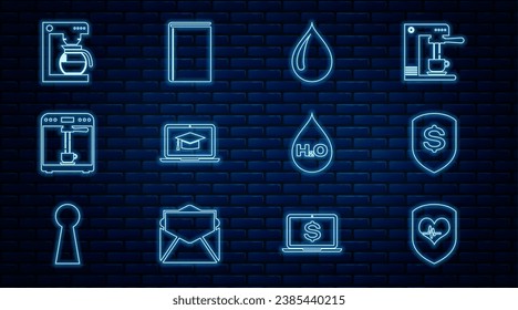 Set line Shield and heart rate, dollar, Water drop, Graduation cap on laptop, Coffee machine cup, with pot, H2O and Book icon. Vector